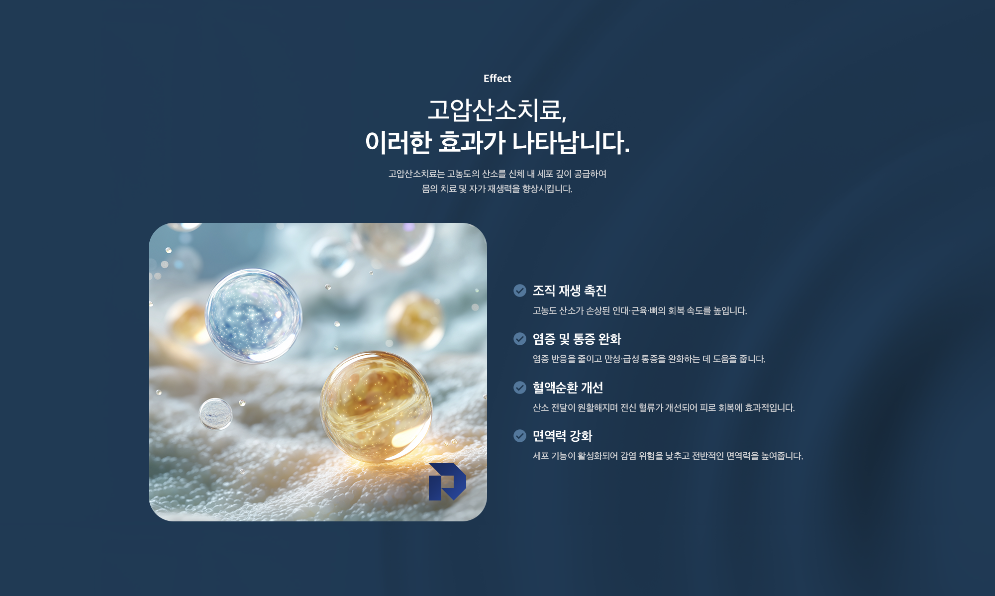고압산소치료 효과(Effect) - 고농도 산소를 세포 깊이 공급해 조직 재생 촉진, 염증 및 통증 완화, 혈액순환 개선, 면역력 강화 효과를 안내하는 이미지