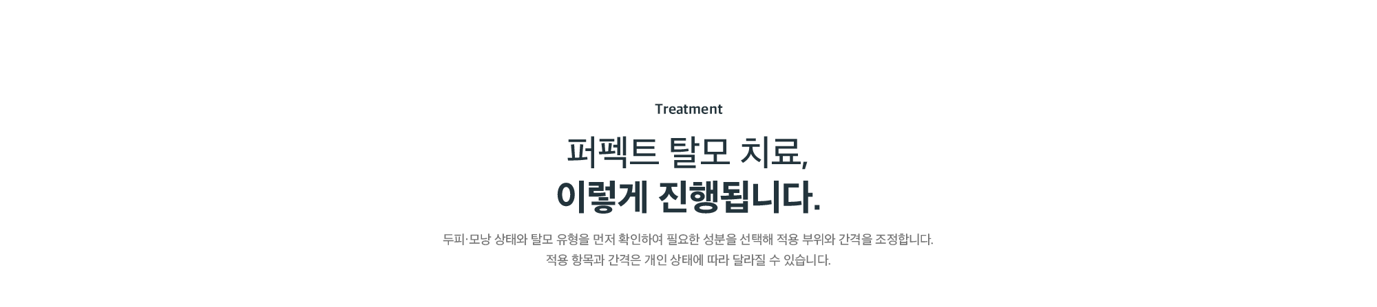퍼펙트 탈모 치료 진행 과정 - 두피·모낭 상태와 탈모 유형 확인 후 필요한 성분 선택과 적용 부위·간격 조정