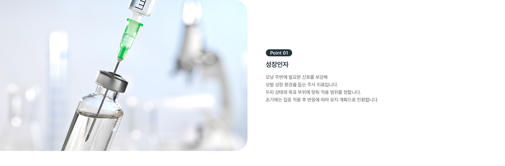 Point 01 - 성장인자 주사 치료, 모낭 주변에 필요한 신호를 보강해 모발 성장 환경 개선