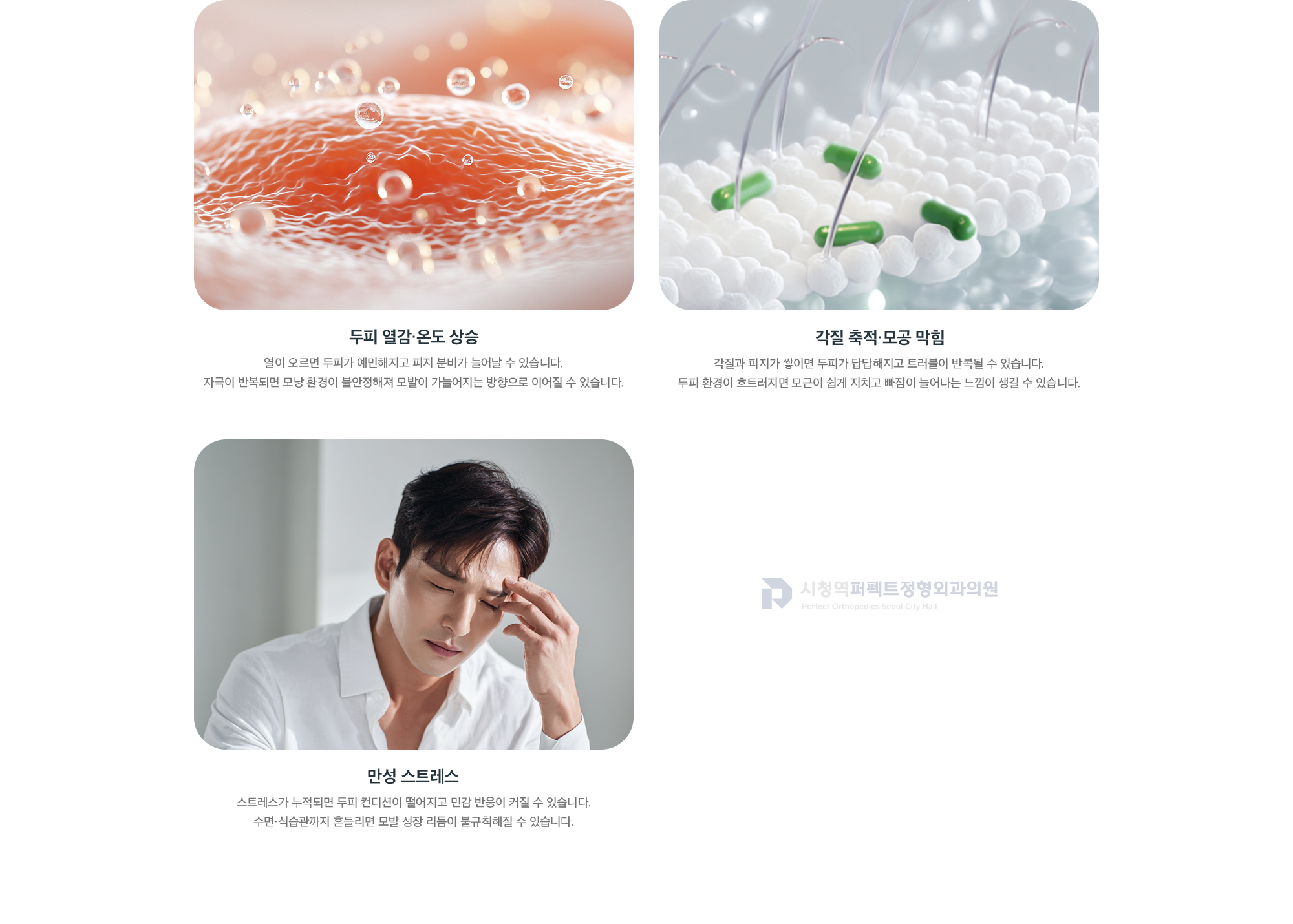 탈모 가속화 원인 - 두피 열감·온도 상승, 각질 축적·모공 막힘, 만성 스트레스