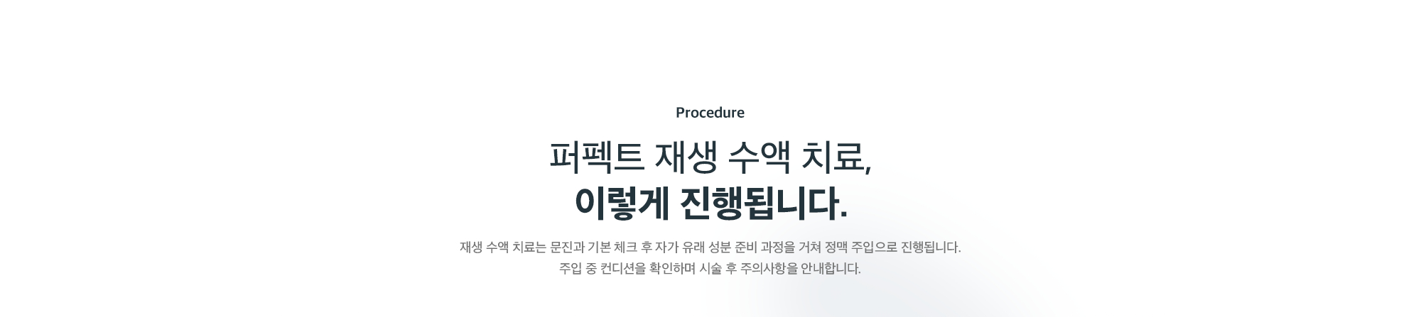 퍼펙트 재생 수액 치료 진행 과정 - 문진과 기본 체크 후 자가 유래 성분 준비를 거쳐 정맥 주입